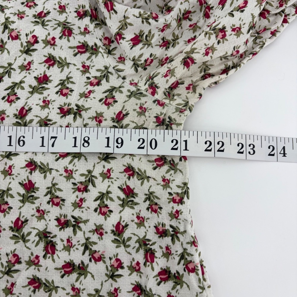 Lucky Brand Womens Large Cream Red Floral Viscose Split Tie Neck Smocked Blouse - Picture 5 of 6